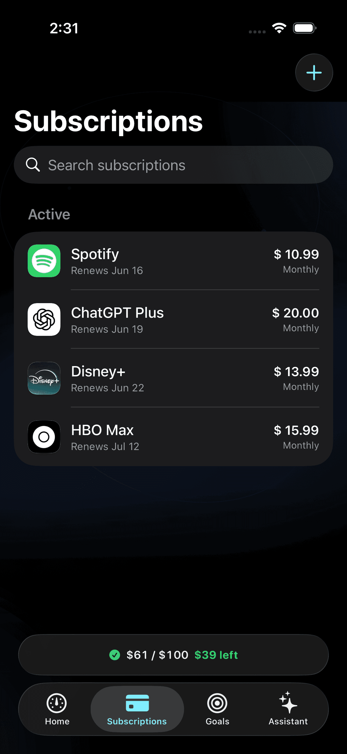 Gravity subscription list showing Spotify, ChatGPT Plus, Disney+ and HBO Max with their monthly prices