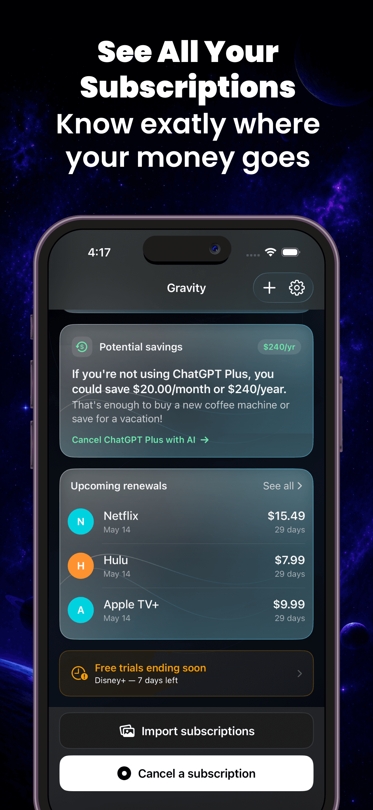 Gravity app showing upcoming subscription renewals, AI savings insights, and free trial alerts