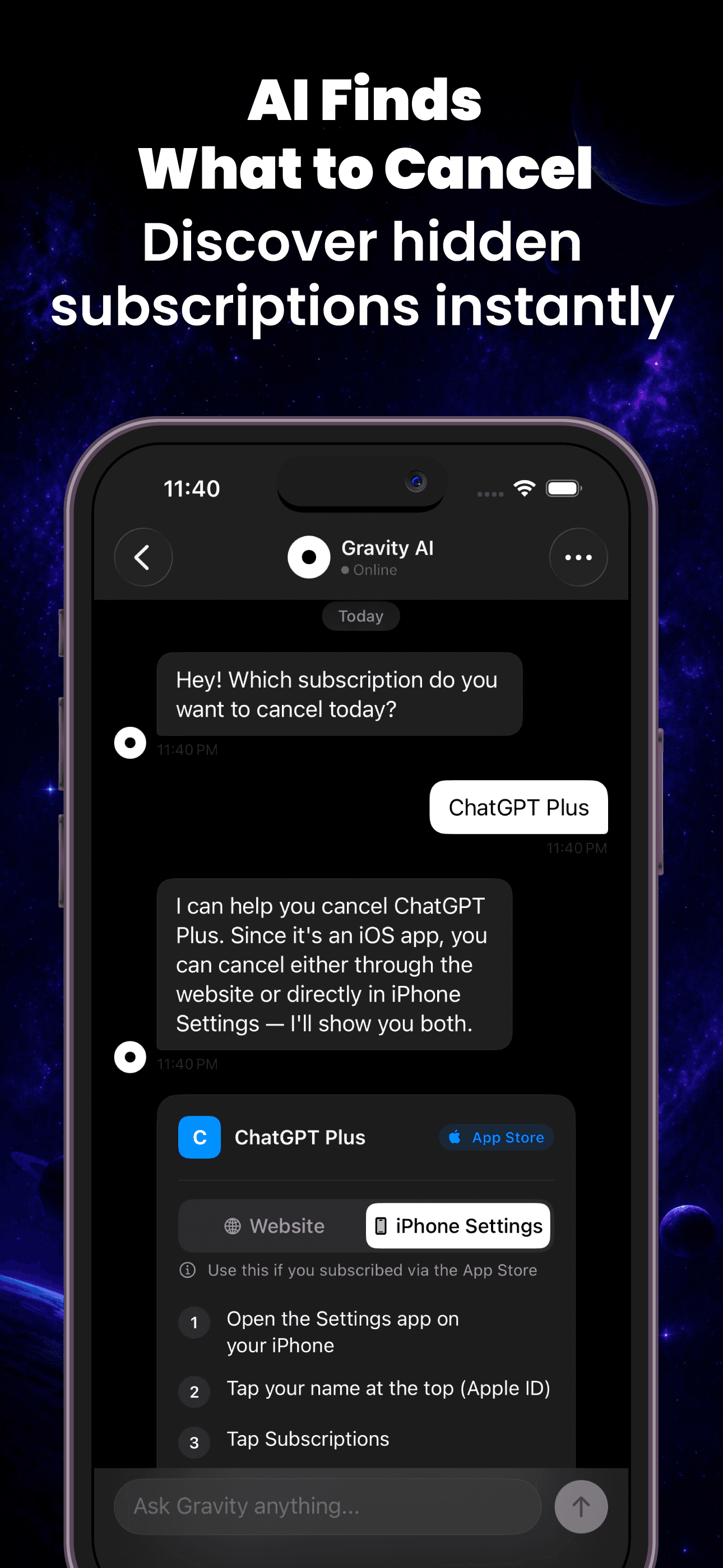 Gravity AI helping cancel a ChatGPT Plus subscription with step-by-step guidance