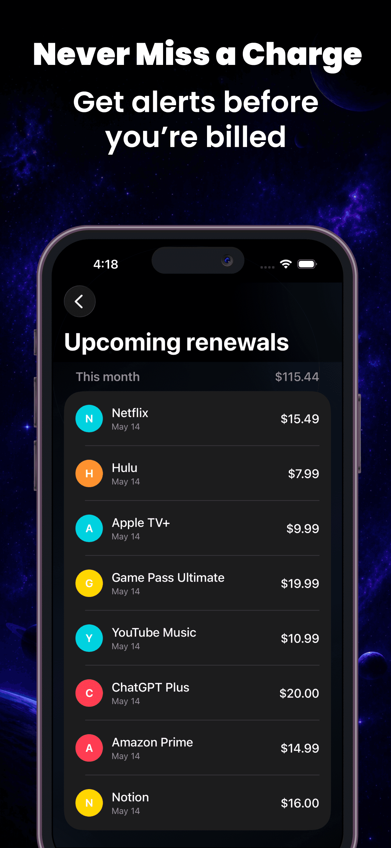 Upcoming renewals list showing Netflix, Hulu, Apple TV+, and monthly total