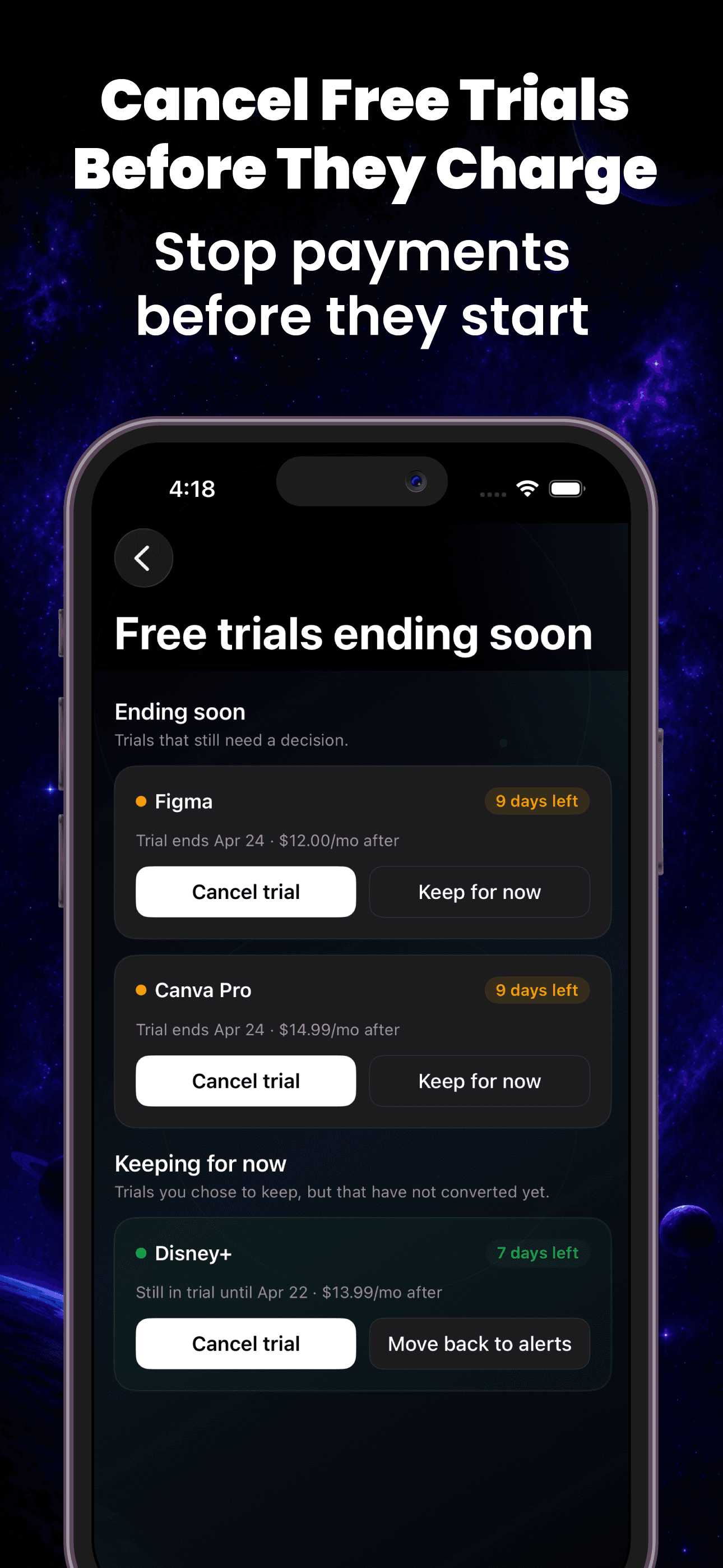 Free trials ending soon screen with cancel or keep decisions for Figma and Canva Pro