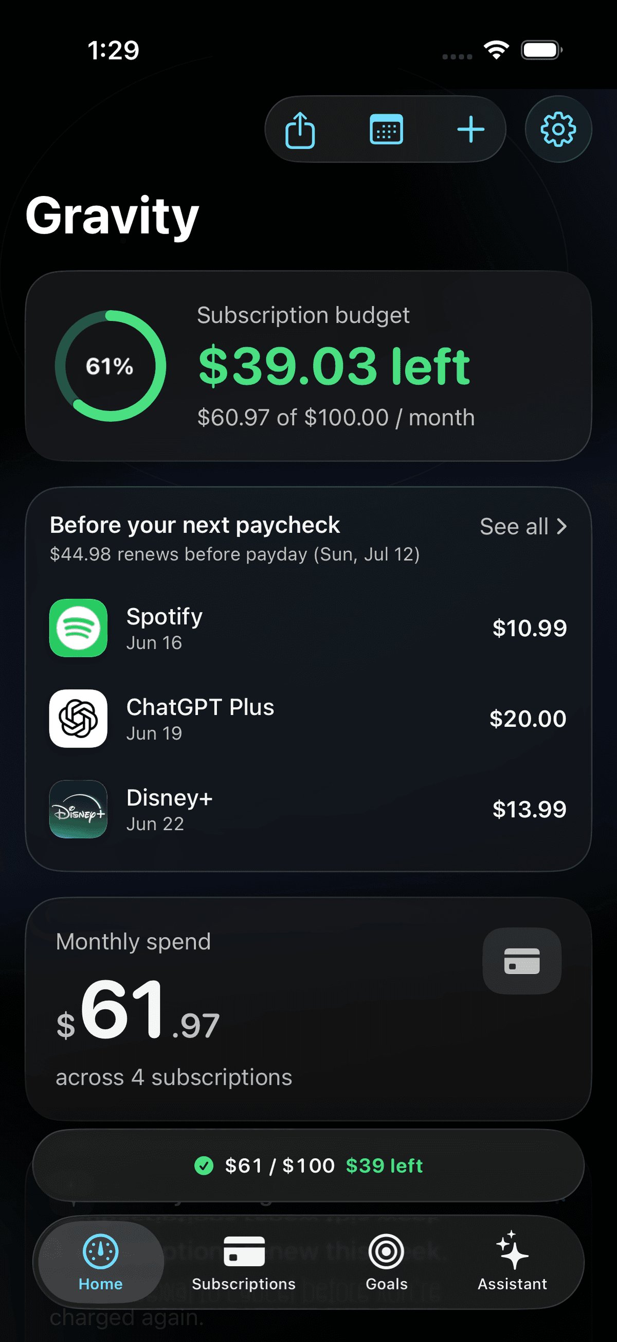 Gravity home screen with the subscription budget ring, upcoming charges, and monthly spend