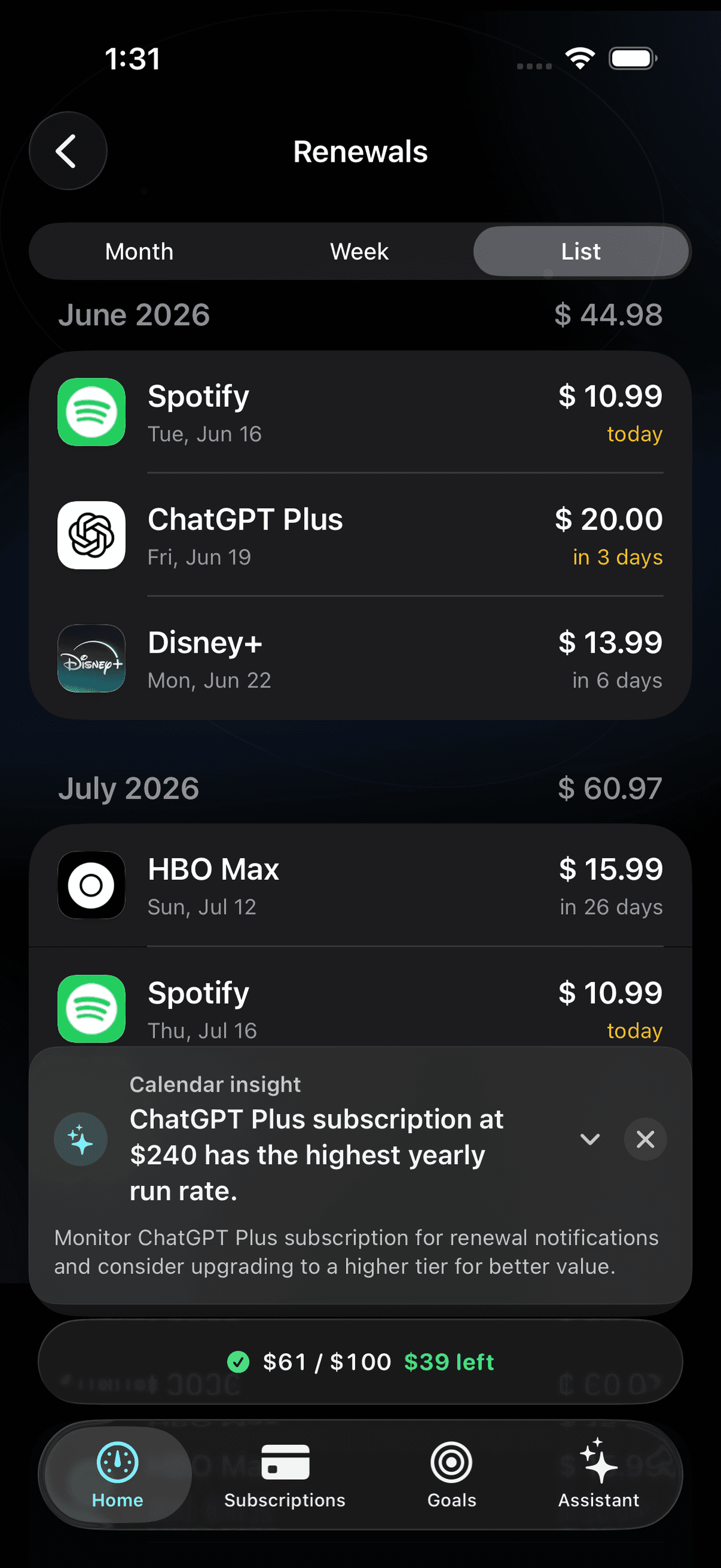 Gravity renewals screen showing upcoming Spotify, ChatGPT Plus, and Disney+ charges grouped by month