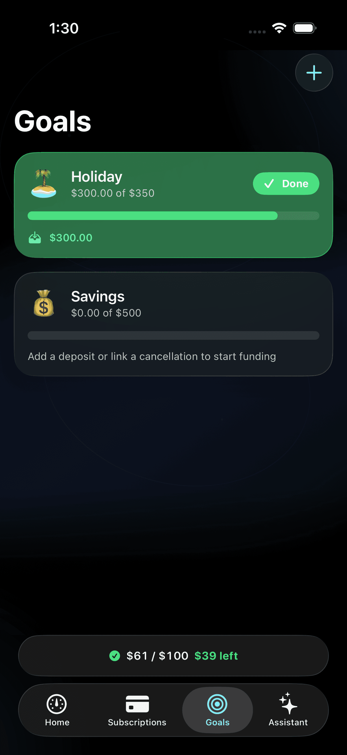 Gravity goals screen turning subscription savings into funded goals like a holiday fund