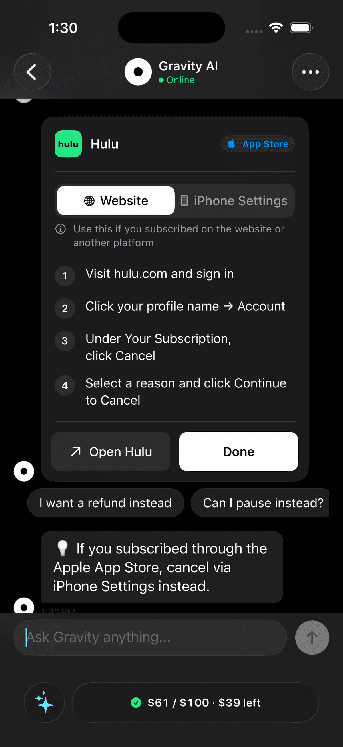 Gravity AI assistant walking through step-by-step cancellation instructions for Hulu