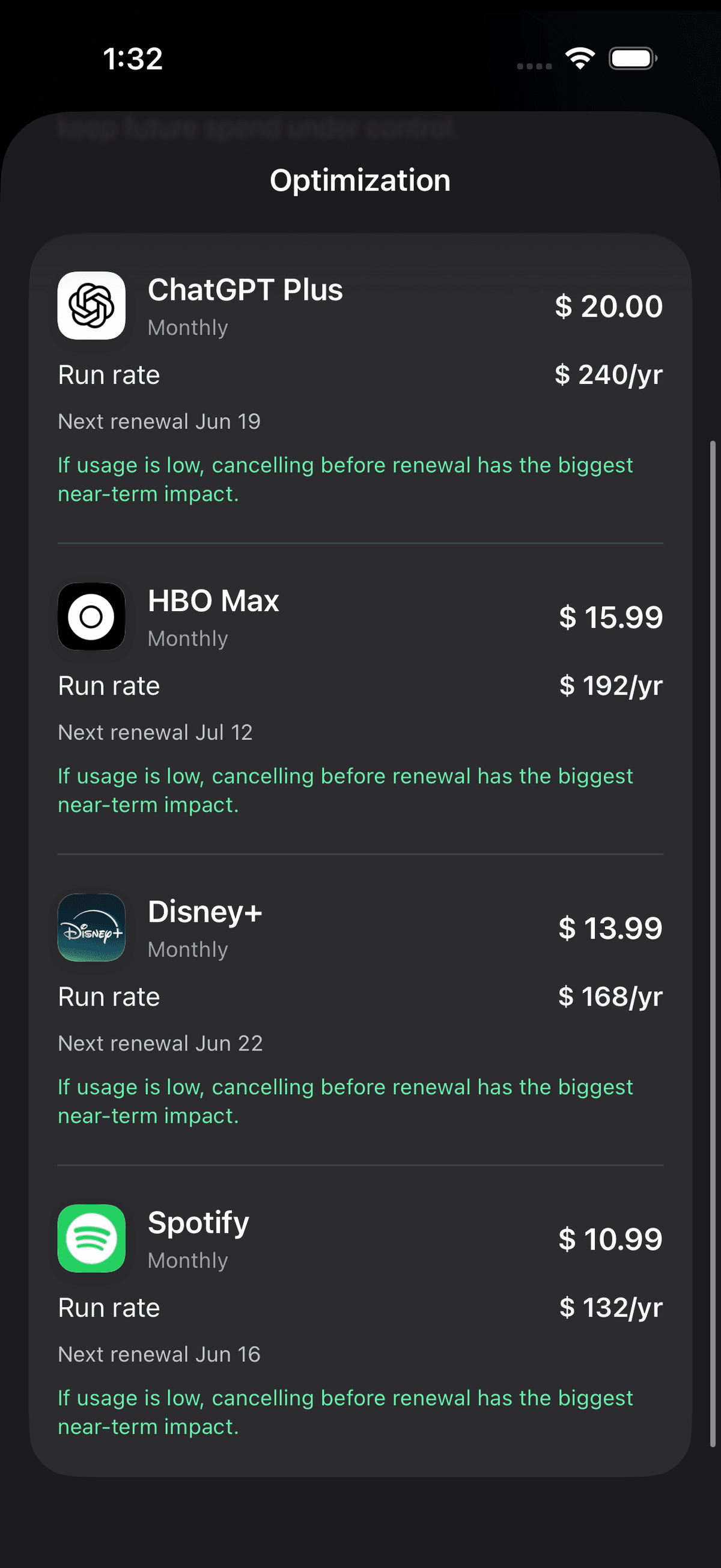 Gravity optimization screen showing each subscription's yearly run rate and what to cancel first